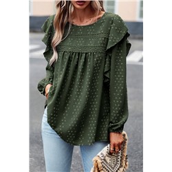 Blackish Green Lace Eyelet Ruffle Shoulder Long Sleeve Blouse