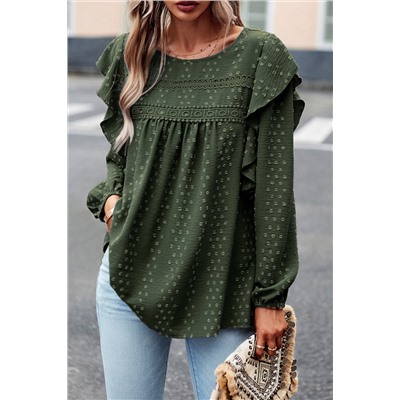 Blackish Green Lace Eyelet Ruffle Shoulder Long Sleeve Blouse