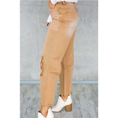 Brown Distressed Hollow-out High Waist Cropped Flare Jeans