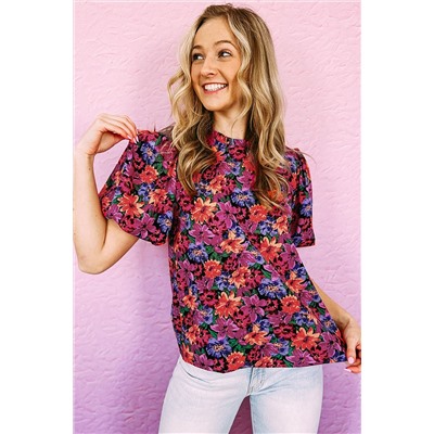 Multicolor Floral Print Round Neck Puff Sleeve Blouse