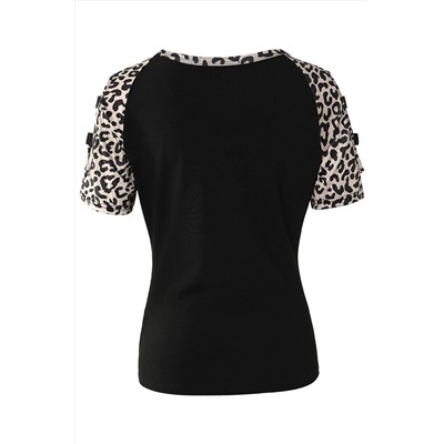 Black Leopard Color Block Cut Out Short Sleeve Top