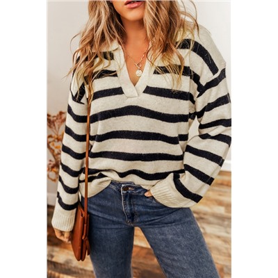 Apricot Striped Knit Drop Shoulder Collared V Neck Sweater