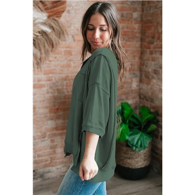 Laurel Green Exposed Seam Chest Pocket Split Loose T Shirt