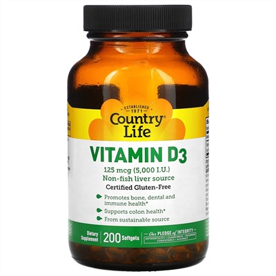 Country Life, витамин D3, 125 мкг (5000 МЕ), 200 капсул