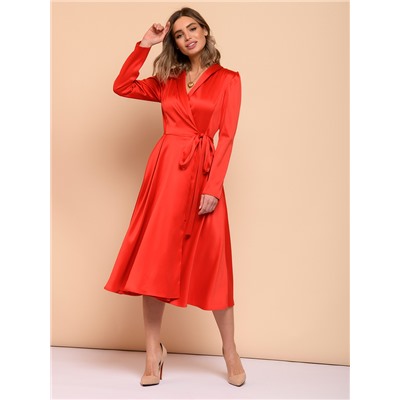 Платье красное длины миди с объемными плечами и длинными рукавами