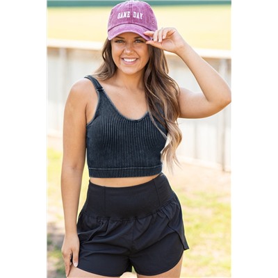 Carbon Grey Mineral Wash V-Neck Ribbed Crop Top