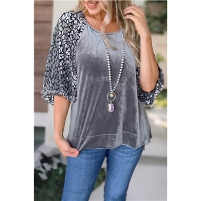 Medium Grey Leopard Splicing Lantern Sleeve Velvet Blouse