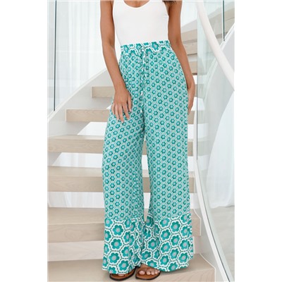 Green Boho Geometric Print Drawstring High Waist Flared Pants