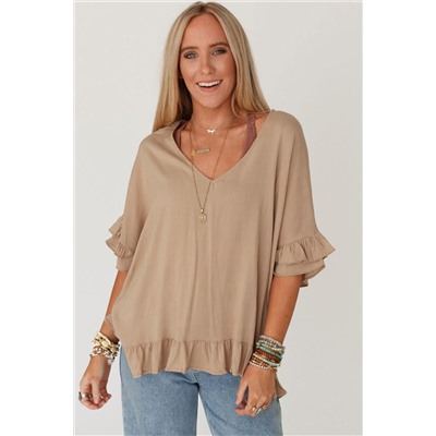 Light French Beige Loose Ruffled V Neck Blouse