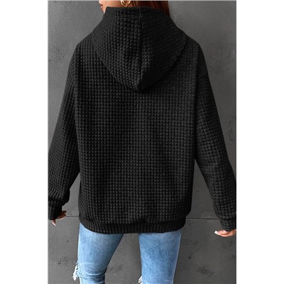 Black Lattice Textured Kangaroo Pocket Drawstring Hoodie