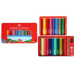 Карандаши 60 цвета Faber-Castell "Замок", шестигранный корпус, 2 чернографитных карандаша , с ластиком и точилкой, в металлическом пенале