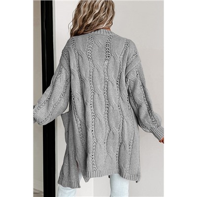 Gray Ribbed Trim Eyelet Cable Knit Cardigan