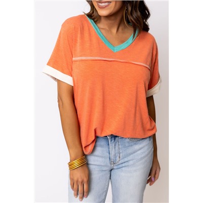 Grapefruit Orange Contrast Trim Exposed Seam V Neck T-shirt