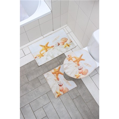 Набор ковриков для ванной и туалета Доляна «Ракушки», 3 шт, 38×46 см, 40×45 см, 45×75 см