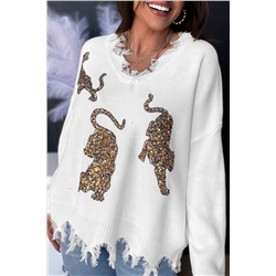 White Frayed Sequin Tiger Sweater