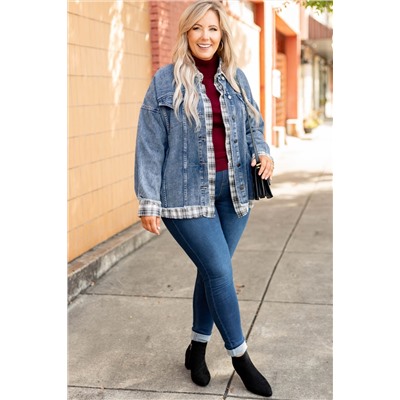 Sky Blue Plaid Hem Splicing Plus Size Denim Jacket