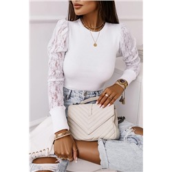 White Lace Splicing Sleeve Ribbed Slim Top