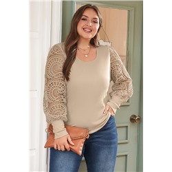 Parchment Plus Hollowed Lace Sleeve Square Neck Ribbed Top