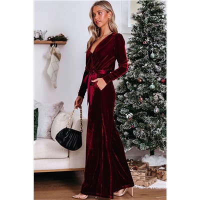 Fiery Red Velvet Pocketed Cut out Back Wide Leg Jumpsuit