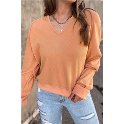 Orange Solid Long Sleeve V Neck Corded Top