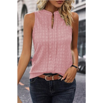 Pink Lattice Textured Split Neck Tank Top