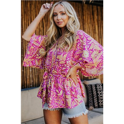 Boho Floral Print Belted Surplice Blouse