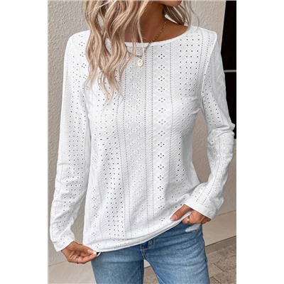 White Floral Lace Splicing Eyelet Long Sleeve Top