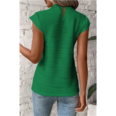 Dark Green Wavy Textured Mock Neck Cap Sleeve Top