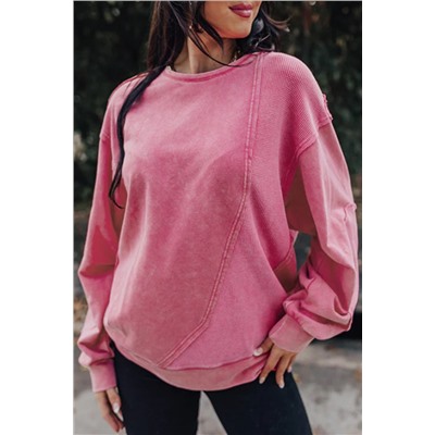 Pink Exposed Seam Waffle Knit Patchwork Sweatshirt