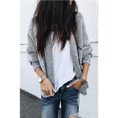 Grey Plaid Contrast Trim Open Front Cardigan