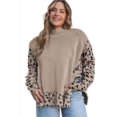 Бежевый свитер с леопардовой отделкой и разрезами