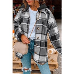 Gray Hooded Plaid Button Front Shacket