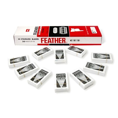 Лезвия для бритья классические двусторонние Feather Platinum Hi-Stainless 5шт. (20X5шт. =100 лезвий) в картонном блоке (Pillar Box.)