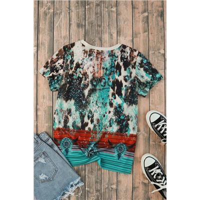 Green Bleached Western Print Blank Graphic T Shirt