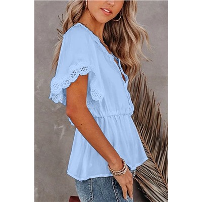 Sky Blue Lace Splicing V Neck Short Sleeve Blouse