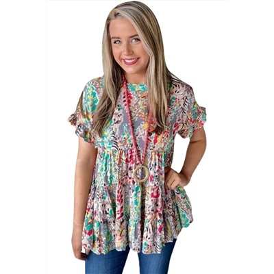 Purple Floral Print Ruffle Sleeve Babydoll Top