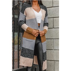 Carbon Grey Colorblock Open Front Long Knit Cardigan