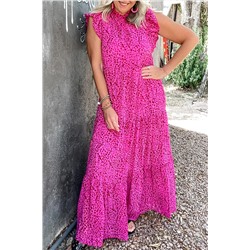 Rose Red Leopard Print Ruffled Trim Tiered Maxi Dress