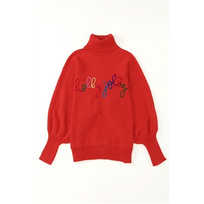 Fiery Red Christmas Holly Jolly Tinsel Graphic High Neck Sweater