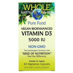 Natural Factors, Whole Earth & Sea, Vegan Bioenhanced Vitamin D3, 5,000 IU, 60 Vegetarian Capsules