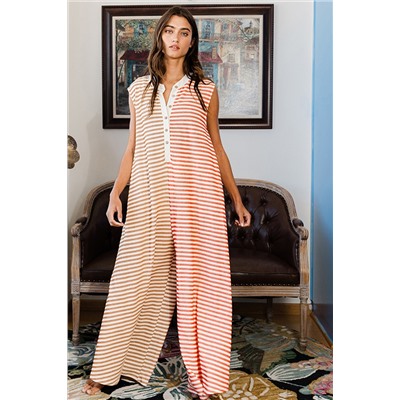 Orange Stripe Oversized Buttoned Front Sleeveless Wide Leg Jumpsuit