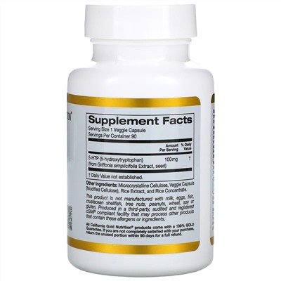 California Gold Nutrition, 5-гидрокситриптофан, поддержка хорошего самочувствия, экстракт семян гриффонии простолистной из Швейцарии, 100 мг, 90 растительных капсул