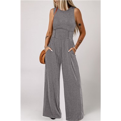 Medium Grey Cinched Waist Sleeveless Wide Leg Jumpsuit