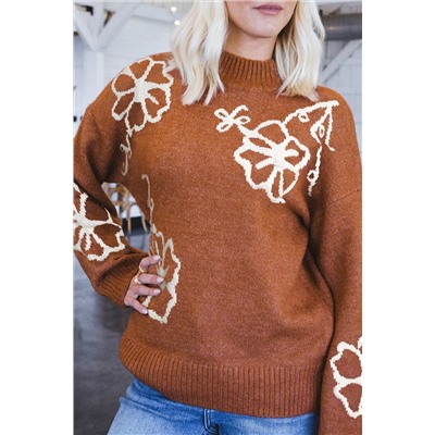 Chestnut Floral Print Ribbed Trim Knitted Sweater