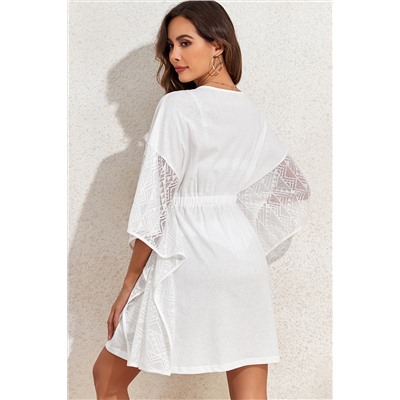 White Lace Patch Kimono Sleeve Tassel Drawstring Beach Cover Up