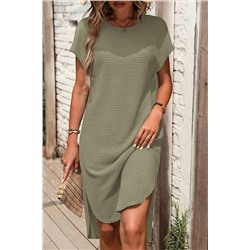 Jungle Green Waffle Texture Curved Hem Side Slit T-shirt Dress