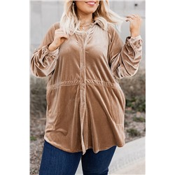Khaki Casual Button Down Plus Size Velvet Shirt