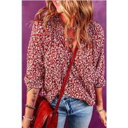 Biking Red Floral Print Smocked Tie Neck Blouse