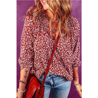 Biking Red Floral Print Smocked Tie Neck Blouse