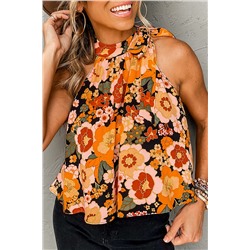 Orange Floral Print Knotted Halter Neck Sleeveless Top